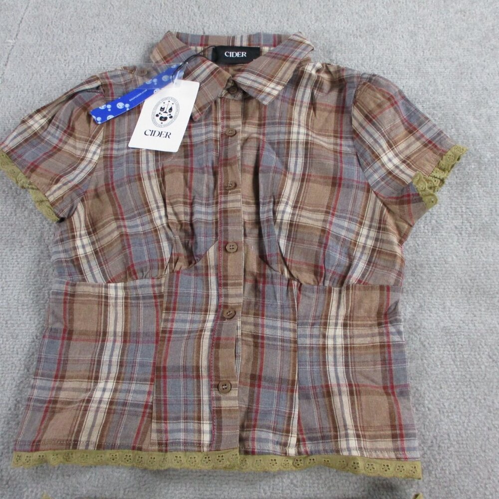 Cider Cotton Plaid Mini Skirt Set Women XS Brown Plaid Two Piece Outfit Collared - Picture 2 of 10